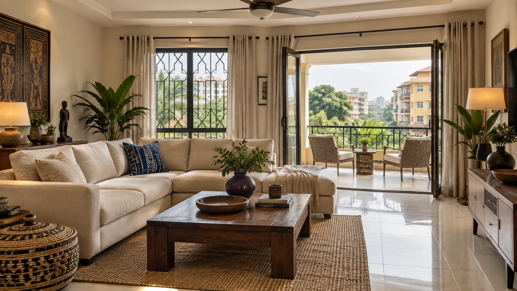 Intérieur inspiré de Douala : salon lumineux et balcon ombragé