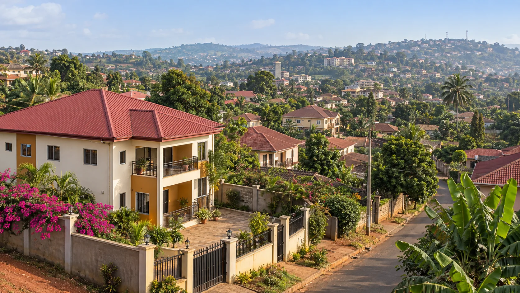 Quartier résidentiel inspiré de Yaoundé, maisons et collines verdoyantes