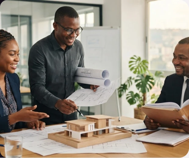 Des professionnels de l’immobilier échangent autour d’un projet architectural