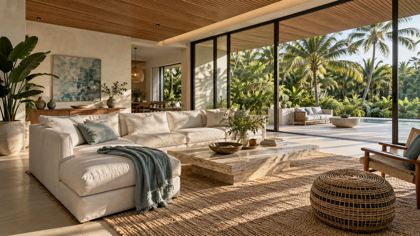 Architecture contemporaine ouverte sur un jardin tropical — illustration de projet